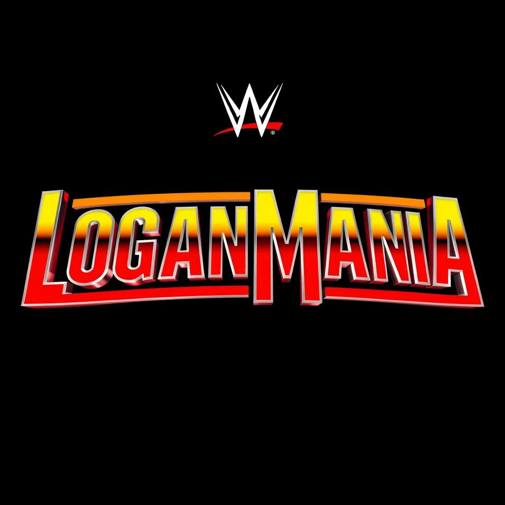 WrestleMania style chrome font spelling out "LOGANMANIA" with a bold yellow to red gradient filling the letters, all set against a deep black background, capturing the dramatic and energetic feel of a wrestling championship