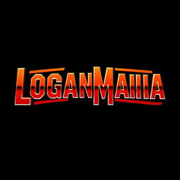 WrestleMania style chrome font spelling out "LOGANMANIA" with a bold yellow to red gradient filling the letters, all set against a deep black background, capturing the dramatic and energetic feel of a wrestling championship