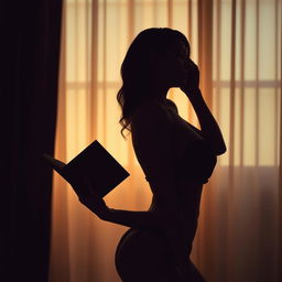 Silhouette of a sensual woman holding a book, with elegant curves and an alluring posture