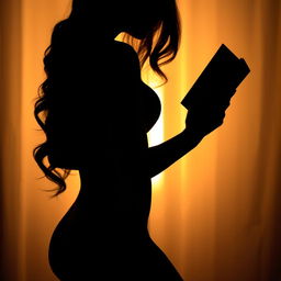 Silhouette of a sensual woman holding a book, with elegant curves and an alluring posture