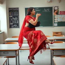 a voluptuous and alluring Thai teacher with a captivating figure, adorned in a muga and red mekhela chadar, paired with a red blouse and high heels