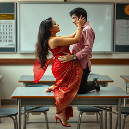 a voluptuous and alluring Thai teacher with a captivating figure, adorned in a muga and red mekhela chadar, paired with a red blouse and high heels