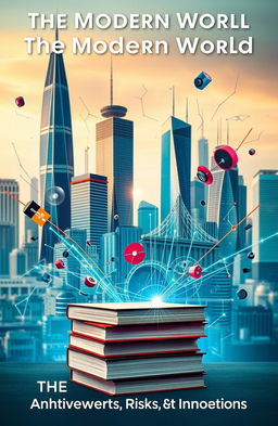 A captivating book cover illustrating the theme of 'The Modern World: Achievements, Risks, Innovations'