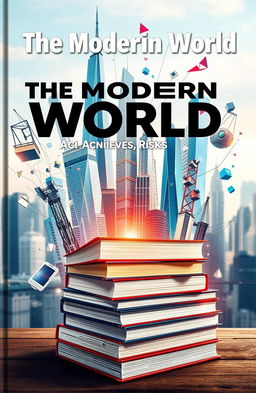 A captivating book cover illustrating the theme of 'The Modern World: Achievements, Risks, Innovations'