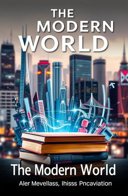 A captivating book cover illustrating the theme of 'The Modern World: Achievements, Risks, Innovations'