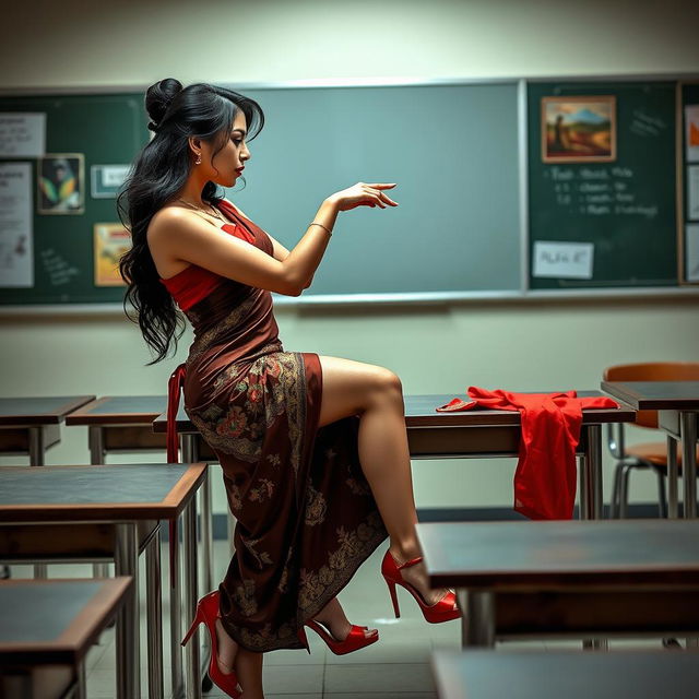 a voluptuous and seductive Thai teacher with an alluring figure, dressed in a muga and red mekhela chadar, complemented by a red blouse and high heels
