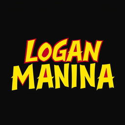 Design a logo featuring jagged letters spelling out "LOGAN MANIA" in a striking yellow font with a bold red outline, set against a solid black background, creating a bold and dynamic visual impact