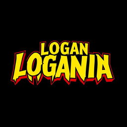 Design a logo featuring jagged letters spelling out "LOGAN MANIA" in a striking yellow font with a bold red outline, set against a solid black background, creating a bold and dynamic visual impact