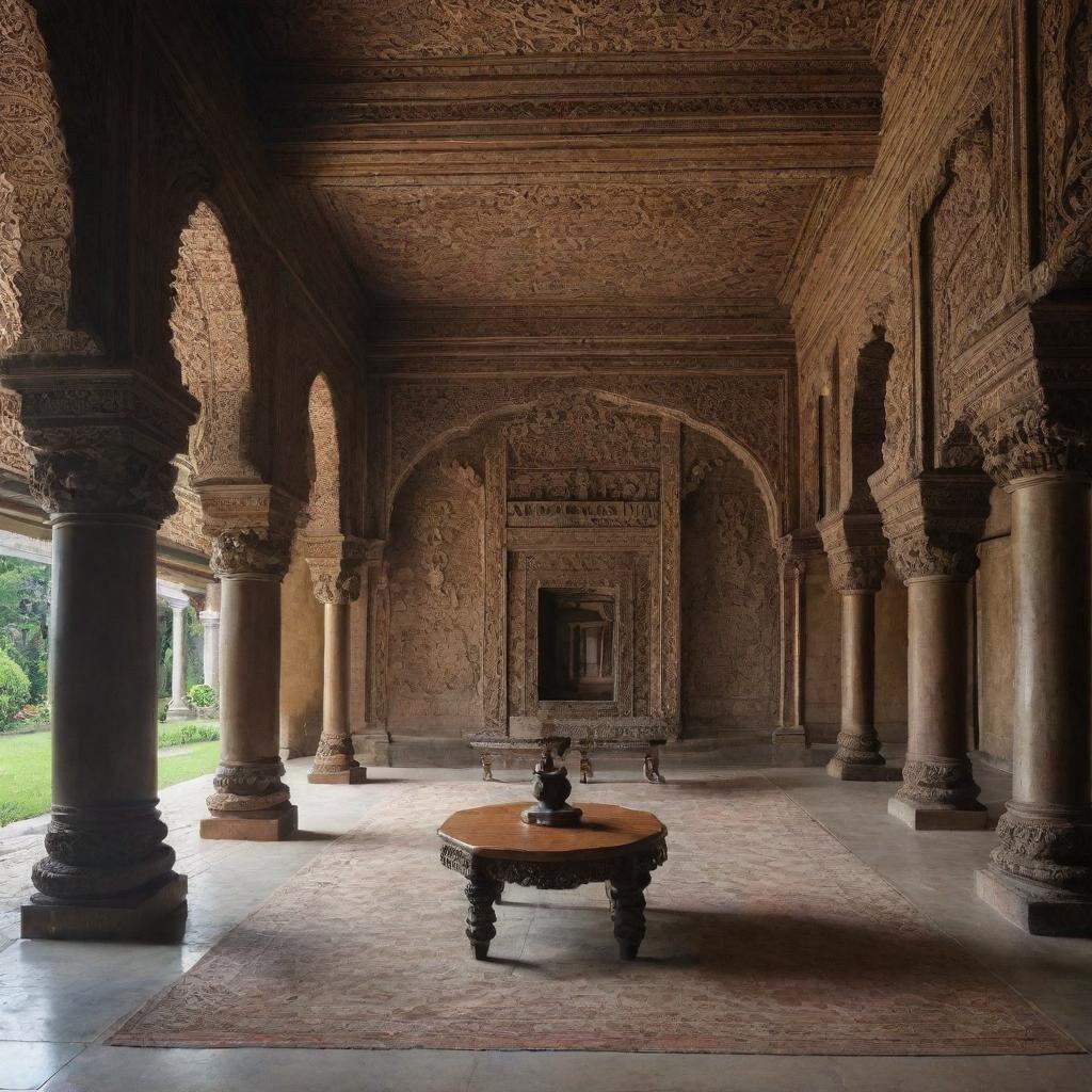 Intricate details of the interior of a grand Javanese castle, showcasing traditional architecture, lavish furnishings, and rich cultural artifacts.