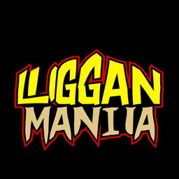 Design a logo featuring jagged letters spelling out "LOGAN MANIA" in a striking yellow font with a bold red outline, set against a solid black background, creating a bold and dynamic visual impact