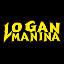 Design a logo featuring jagged letters spelling out "LOGAN MANIA" in a striking yellow font with a bold red outline, set against a solid black background, creating a bold and dynamic visual impact