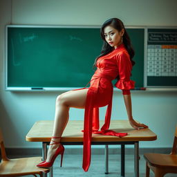 a sexy Thai teacher with an alluring figure, dressed in a muga and red mekhela chadar, complemented by a red blouse and high heels