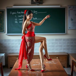 a sexy Thai teacher with an alluring figure, dressed in a muga and red mekhela chadar, complemented by a red blouse and high heels