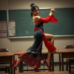 a sexy Thai teacher with an alluring figure, dressed in a muga and red mekhela chadar, complemented by a red blouse and high heels