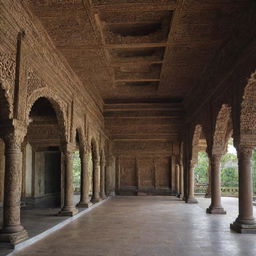 Intricate details of the interior of a grand Javanese castle, showcasing traditional architecture, lavish furnishings, and rich cultural artifacts.