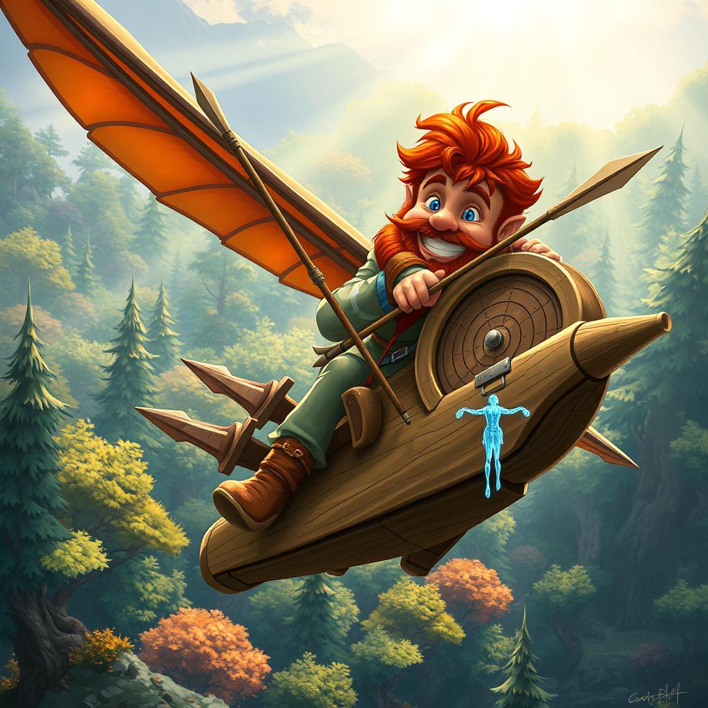 In a fantastical Dungeons & Dragons setting, a ruddy tan, red-haired male rock gnome artificer with sapphire-blue eyes, a red beard, and mustache is smiling joyfully as he pilots an innovative glider