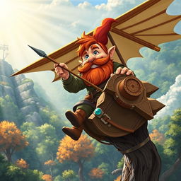 In a fantastical Dungeons & Dragons setting, a ruddy tan, red-haired male rock gnome artificer with sapphire-blue eyes, a red beard, and mustache is smiling joyfully as he pilots an innovative glider