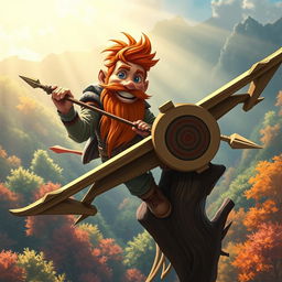 In a fantastical Dungeons & Dragons setting, a ruddy tan, red-haired male rock gnome artificer with sapphire-blue eyes, a red beard, and mustache is smiling joyfully as he pilots an innovative glider