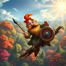 In a fantastical Dungeons & Dragons setting, a ruddy tan, red-haired male rock gnome artificer with sapphire-blue eyes, a red beard, and mustache is smiling joyfully as he pilots an innovative glider