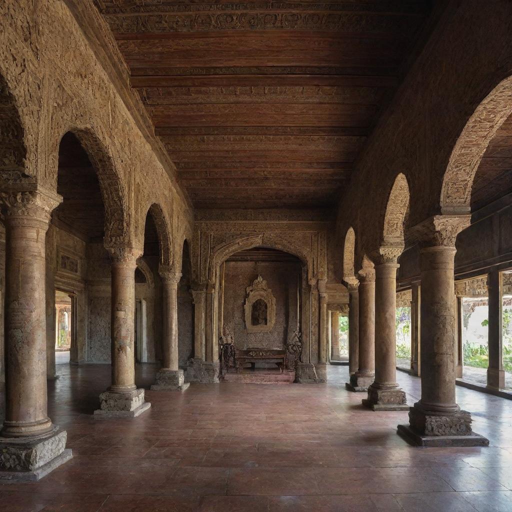 Intricate details of the interior of a grand Javanese castle, showcasing traditional architecture, lavish furnishings, and rich cultural artifacts.