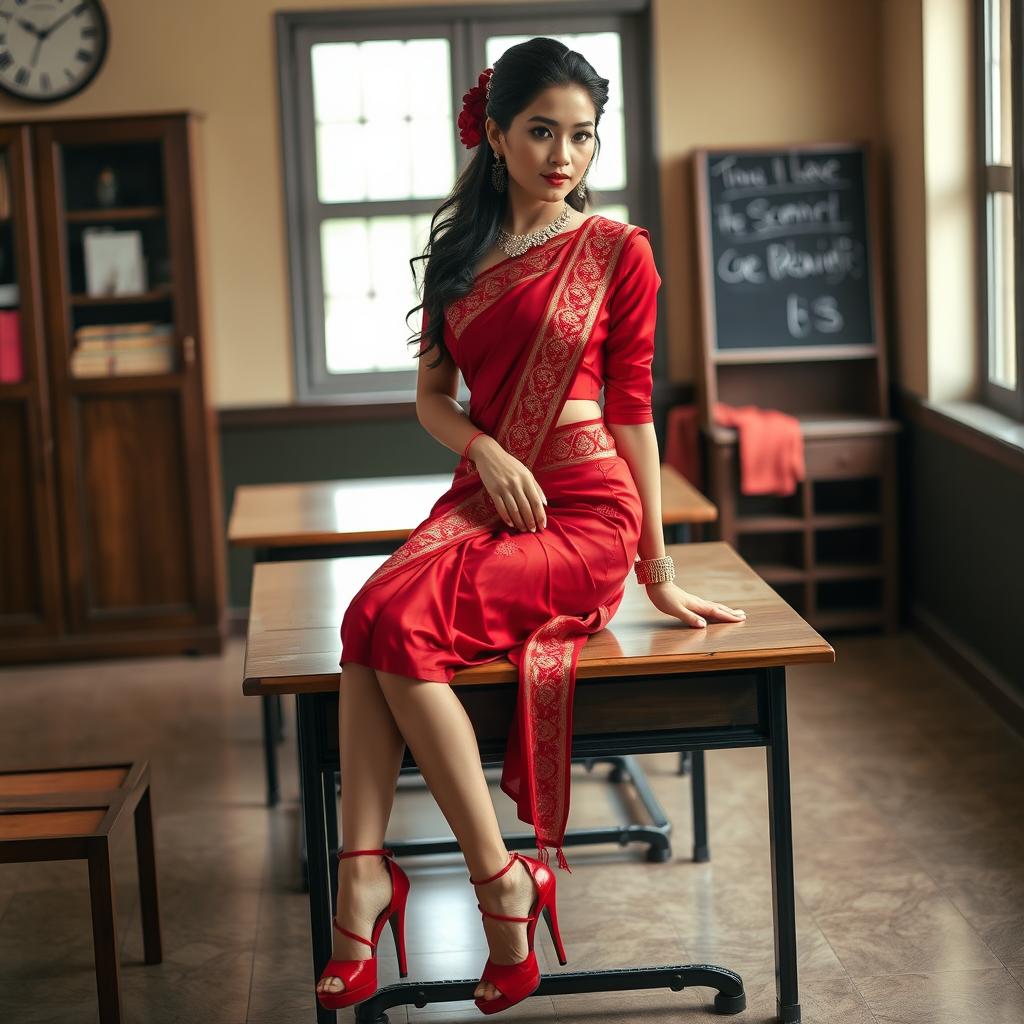 a voluptuous and alluring Thai teacher with a captivating figure, adorned in a muga and red mekhela chadar, paired with a red blouse and high heels, posed elegantly on a classroom table