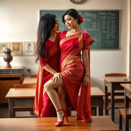 a voluptuous and alluring Thai teacher with a captivating figure, adorned in a muga and red mekhela chadar, paired with a red blouse and high heels, posed elegantly on a classroom table