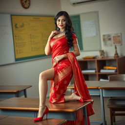 a voluptuous and alluring Thai teacher with a captivating figure, adorned in a muga and red mekhela chadar, paired with a red blouse and high heels, posed elegantly on a classroom table