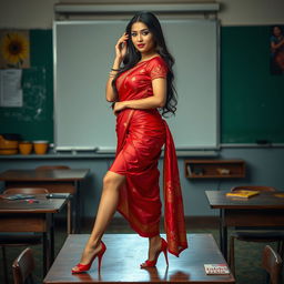 a voluptuous and alluring Thai teacher with a captivating figure, adorned in a muga and red mekhela chadar, paired with a red blouse and high heels, posed elegantly on a classroom table