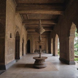 Intricate details of the interior of a grand Javanese castle, showcasing traditional architecture, lavish furnishings, and rich cultural artifacts.