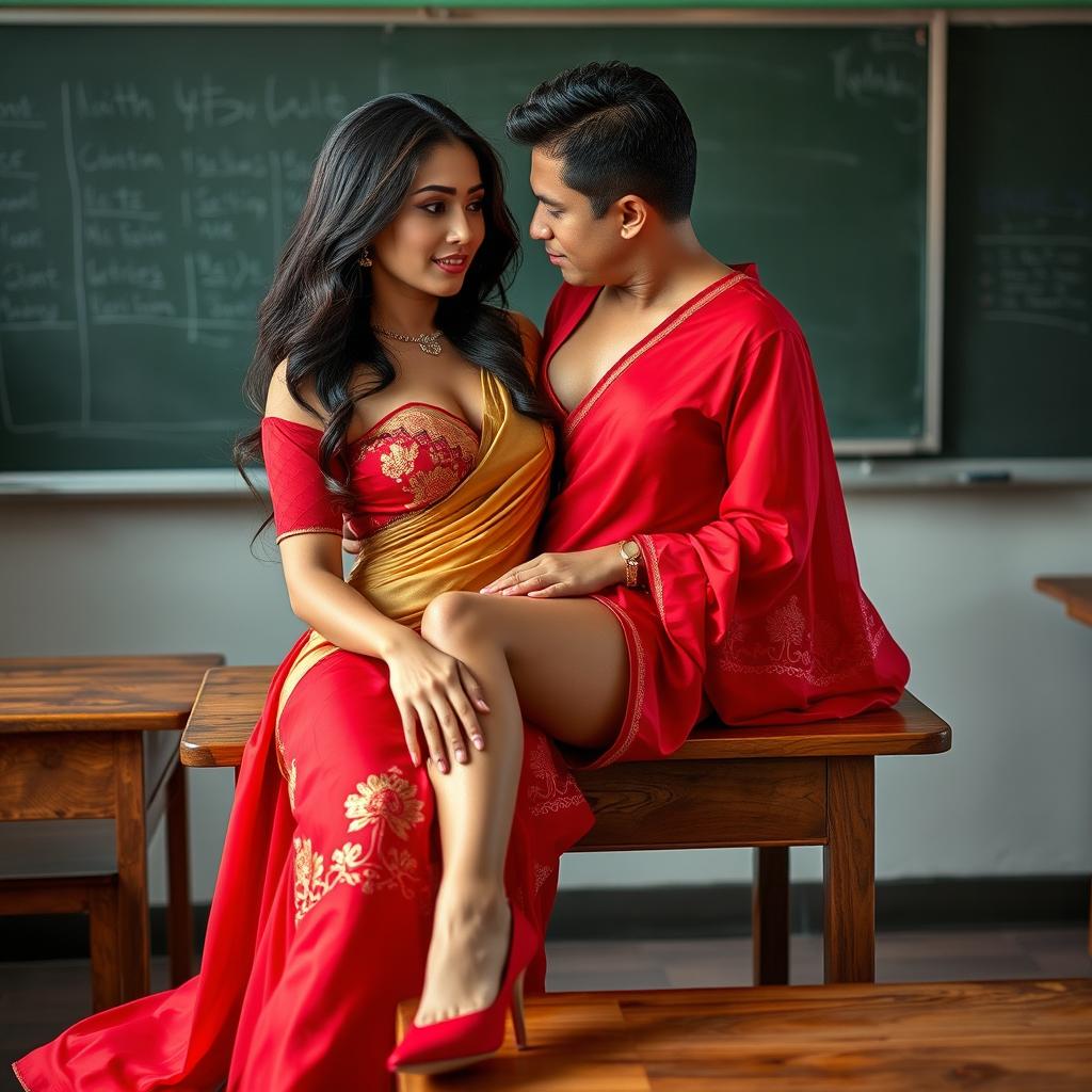 a sensuous and captivating Thai teacher with an alluring figure, dressed in a muga and red mekhela chadar, along with a red blouse and high heels