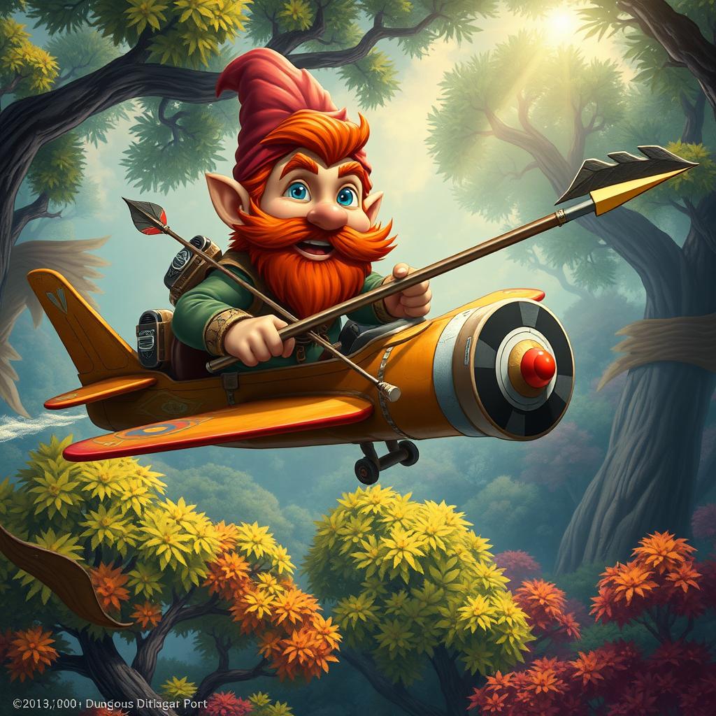 In a fantastical Dungeons & Dragons setting, a ruddy tan, red-haired male rock gnome artificer with sapphire-blue eyes, a red beard, and mustache is smiling joyfully as he pilots a magical airplane