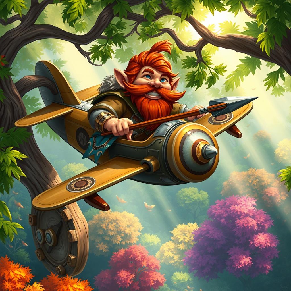 In a fantastical Dungeons & Dragons setting, a ruddy tan, red-haired male rock gnome artificer with sapphire-blue eyes, a red beard, and mustache is smiling joyfully as he pilots a magical airplane