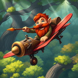 In a fantastical Dungeons & Dragons setting, a ruddy tan, red-haired male rock gnome artificer with sapphire-blue eyes, a red beard, and mustache is smiling joyfully as he pilots a magical airplane