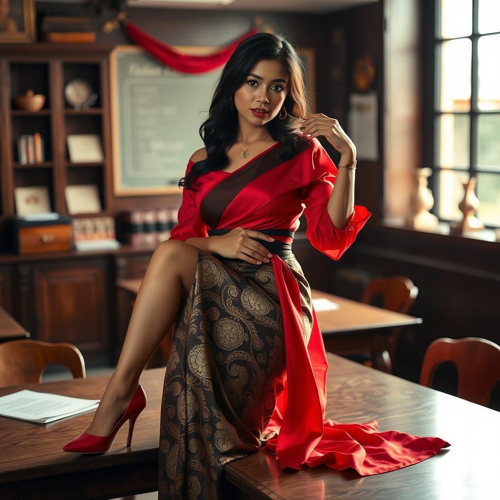 a seductive and captivating Thai teacher with a voluptuous figure, elegantly dressed in a muga and red mekhela chadar, along with a red blouse and high heels