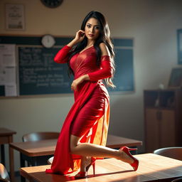 a seductive and captivating Thai teacher with a voluptuous figure, elegantly dressed in a muga and red mekhela chadar, along with a red blouse and high heels