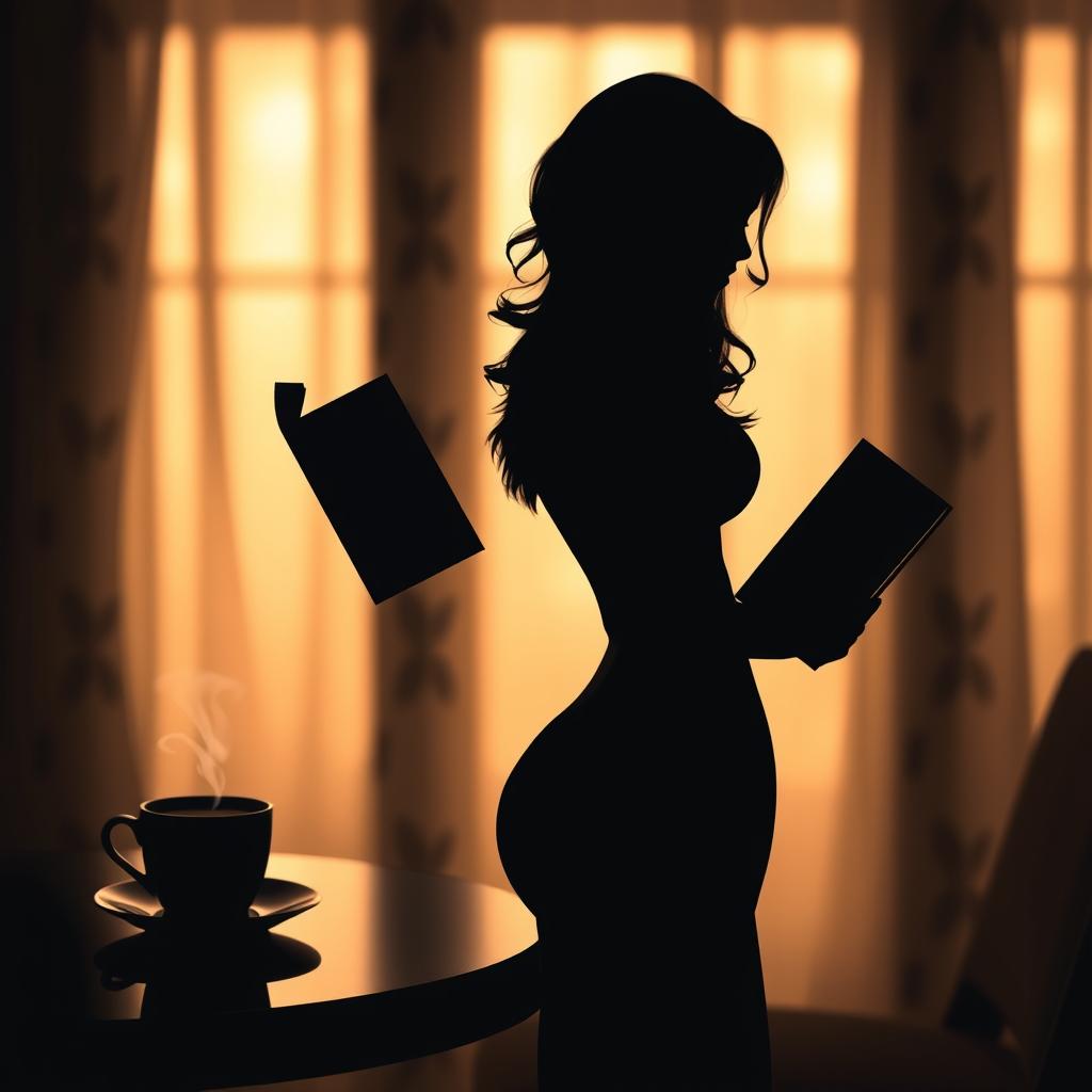 Silhouette of a sensual woman holding a book, with elegant curves and an alluring posture