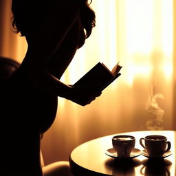 Silhouette of a sensual woman holding a book, with elegant curves and an alluring posture