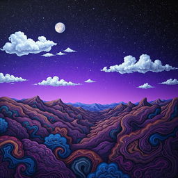 A surreal landscape where the foreground is dominated by intricate patterns and shapes, with swirling colors, giving an impression of depth and motion