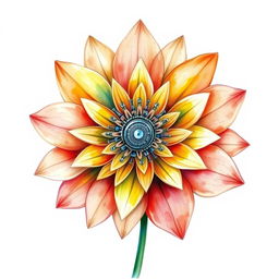 A stunning flower intricately crafted from mechanical elements, illustrated in a watercolor style over a blank canvas