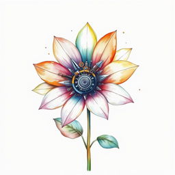 A stunning flower intricately crafted from mechanical elements, illustrated in a watercolor style over a blank canvas