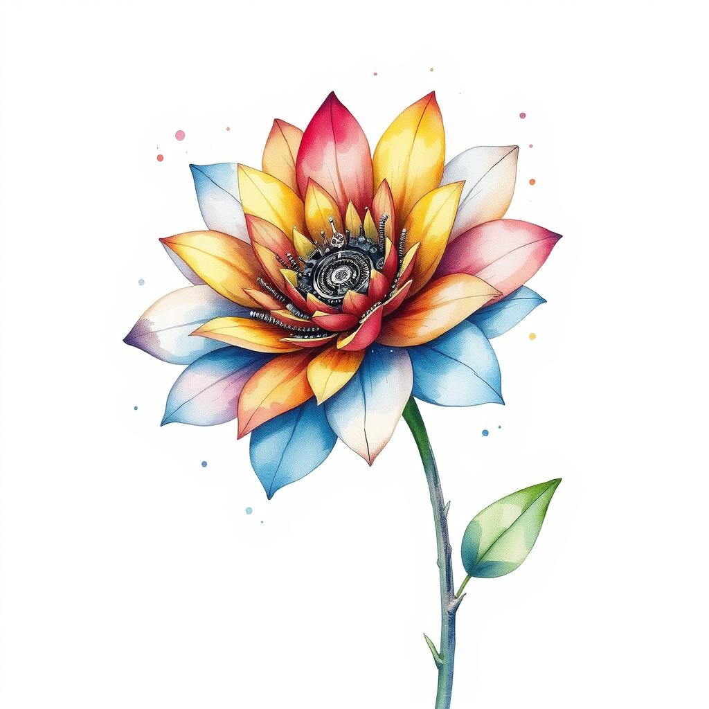 A stunning flower intricately crafted from mechanical elements, illustrated in a watercolor style over a blank canvas