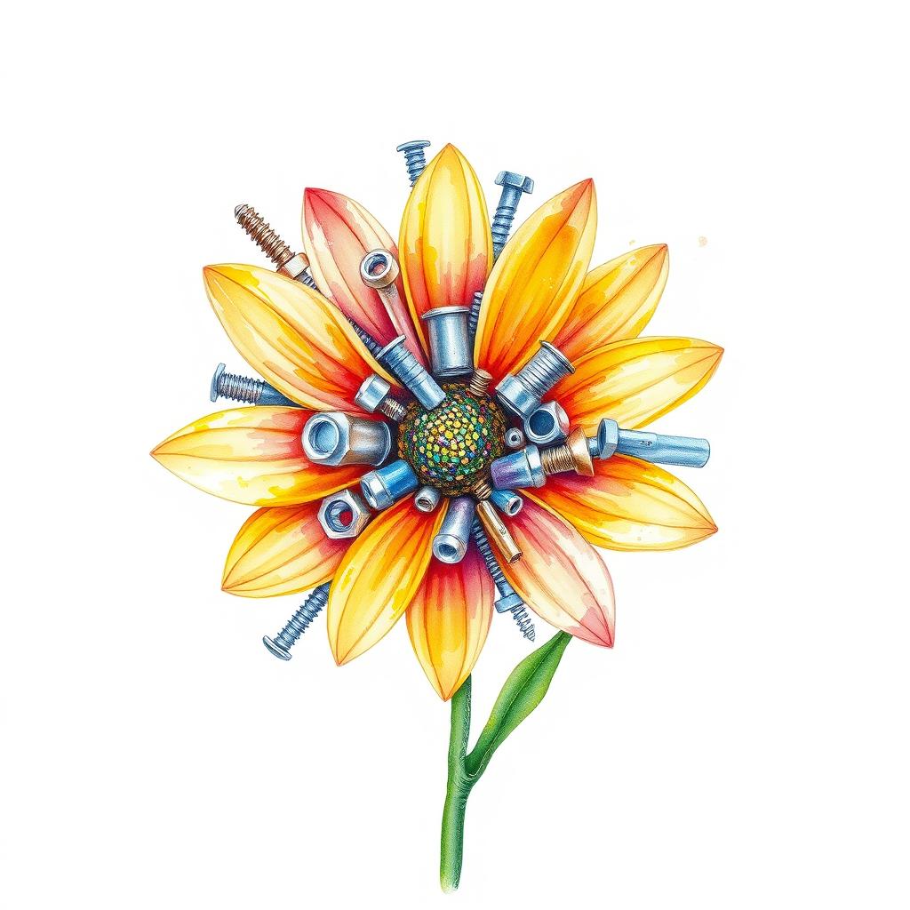 A striking flower meticulously crafted from industrial supplies such as screws, nuts, washers, endmills, and drills, depicted in a watercolor illustration over a blank canvas