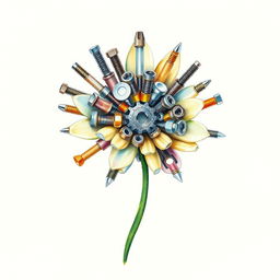 A striking flower meticulously crafted from industrial supplies such as screws, nuts, washers, endmills, and drills, depicted in a watercolor illustration over a blank canvas