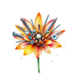 A striking flower meticulously crafted from industrial supplies such as screws, nuts, washers, endmills, and drills, depicted in a watercolor illustration over a blank canvas