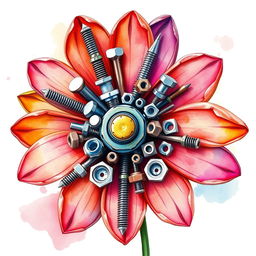 A striking flower meticulously crafted from industrial supplies such as screws, nuts, washers, endmills, and drills, depicted in a watercolor illustration over a blank canvas