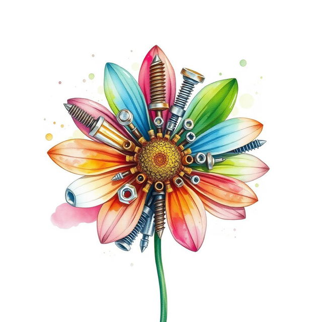 A single, captivating flower exclusively crafted from industrial supplies such as screws, nuts, washers, endmills, and drills, illustrated in a watercolor style over a blank canvas