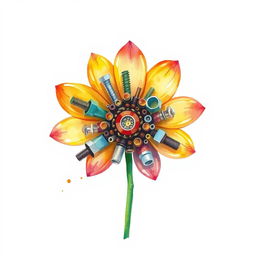 A single, captivating flower exclusively crafted from industrial supplies such as screws, nuts, washers, endmills, and drills, illustrated in a watercolor style over a blank canvas