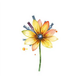 A single, captivating flower exclusively crafted from industrial supplies such as screws, nuts, washers, endmills, and drills, illustrated in a watercolor style over a blank canvas