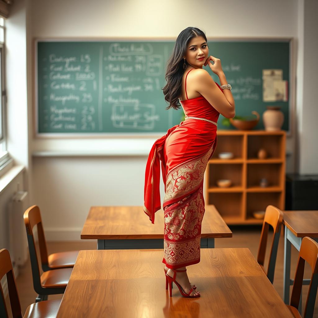 a voluptuous and alluring Thai teacher with a captivating figure, adorned in a traditional muga and red mekhela chadar, paired with a red blouse and high heels, posed elegantly on a classroom table