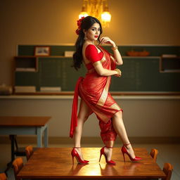 a voluptuous and alluring Thai teacher with a captivating figure, adorned in a traditional muga and red mekhela chadar, paired with a red blouse and high heels, posed elegantly on a classroom table